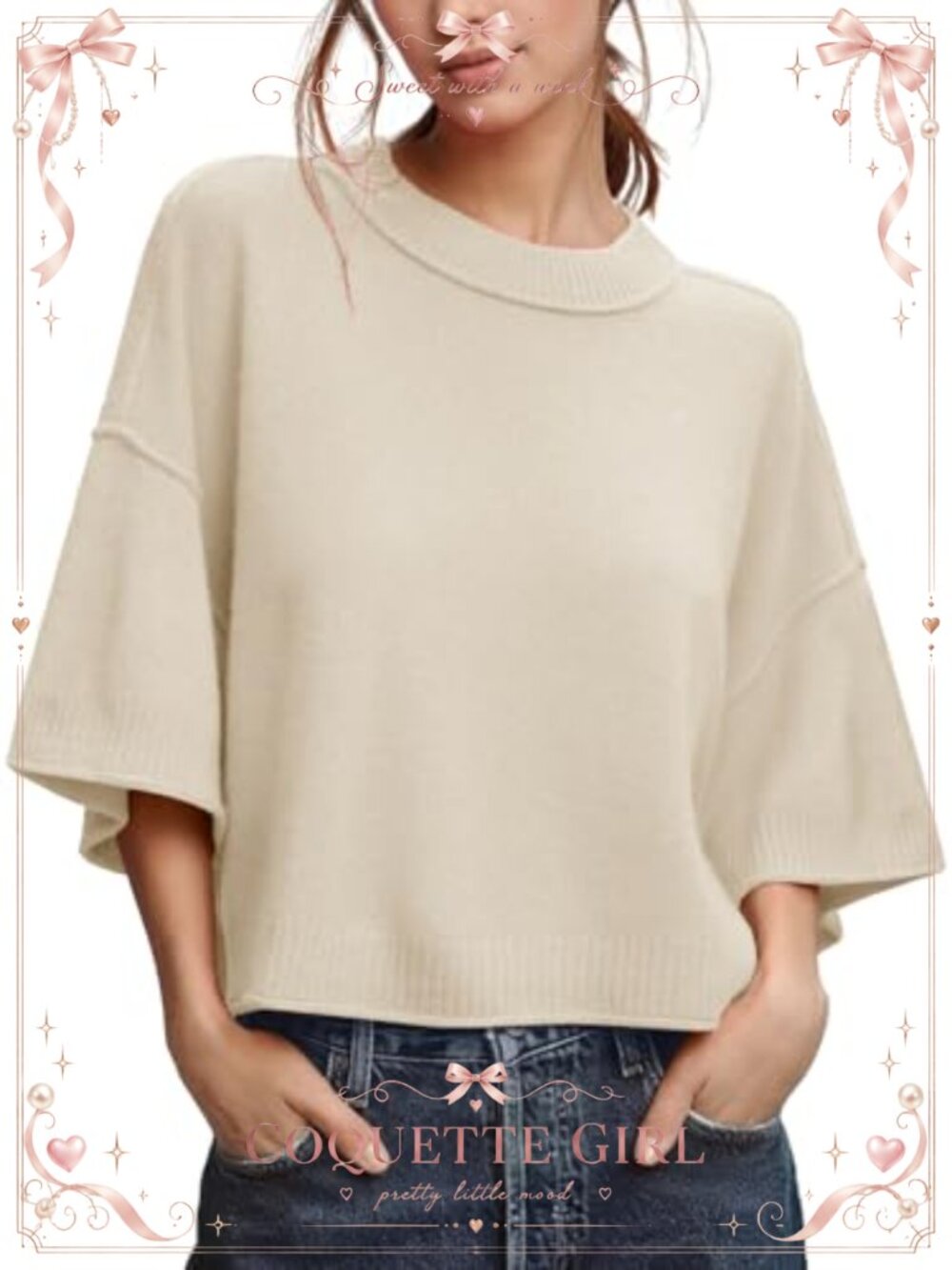 Women's Cropped Knit Sweater 3/4 Sleeve Crew Neck Pullover
